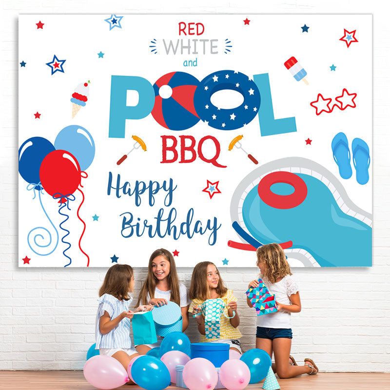 Lofaris Red White and Pool Bbq Balloon Happy Birthday Backdrop