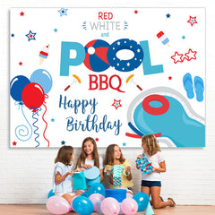 Lofaris Red White and Pool Bbq Balloon Happy Birthday Backdrop