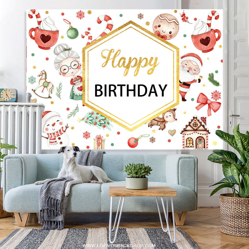 Lofaris Red White Christams Theme Gold Happy Birthday Backdrop
