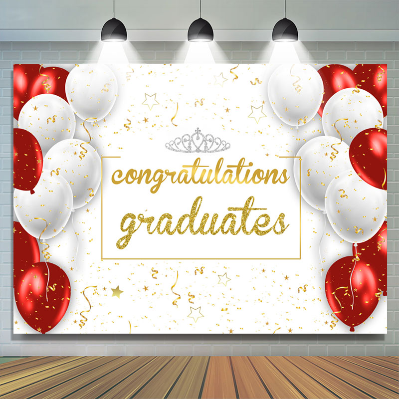 Lofaris Red White Theme Crown Congrats Grad Party Backdrop