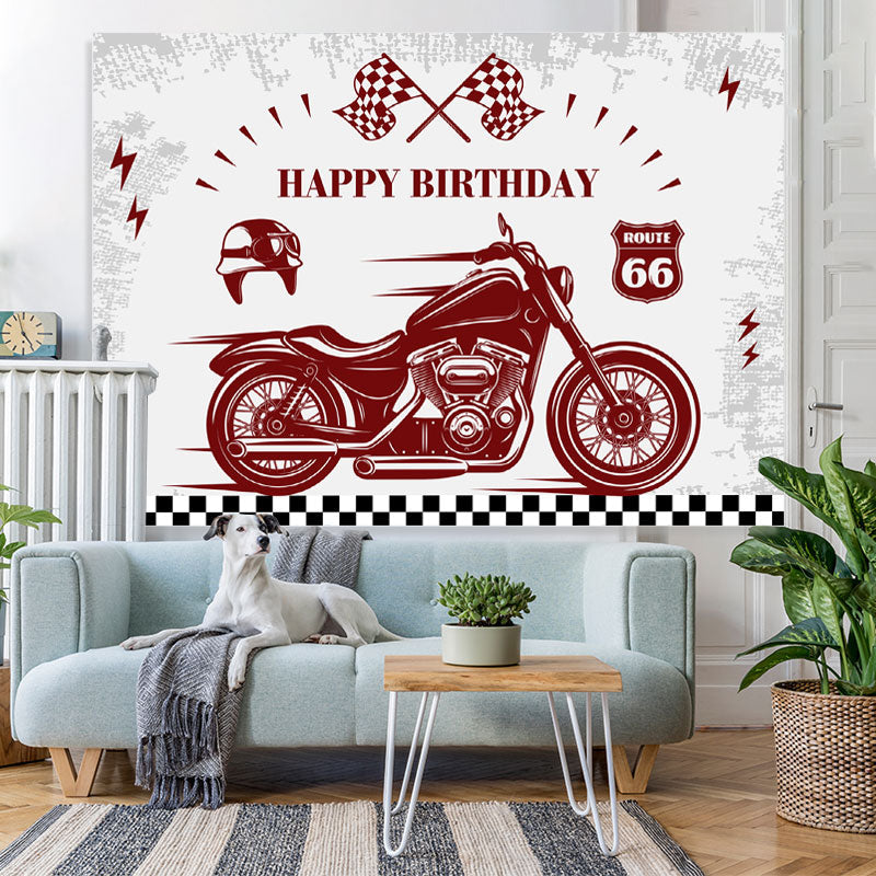 Lofaris Retro Motorcycle And Flags Happy Birthday Backdrop