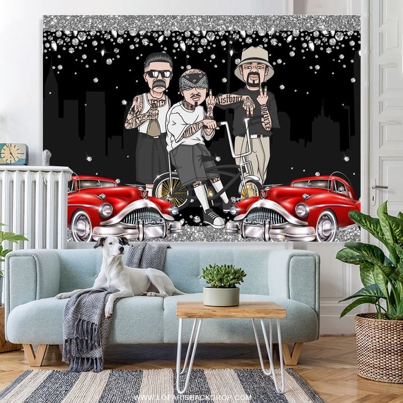 Lofaris Rock Car With Cool Guy Happy Birthday Backdrop