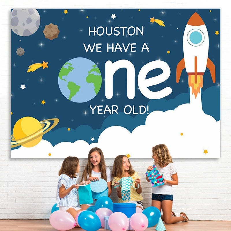 Lofaris Rocket space theme first birthday party Backdrop