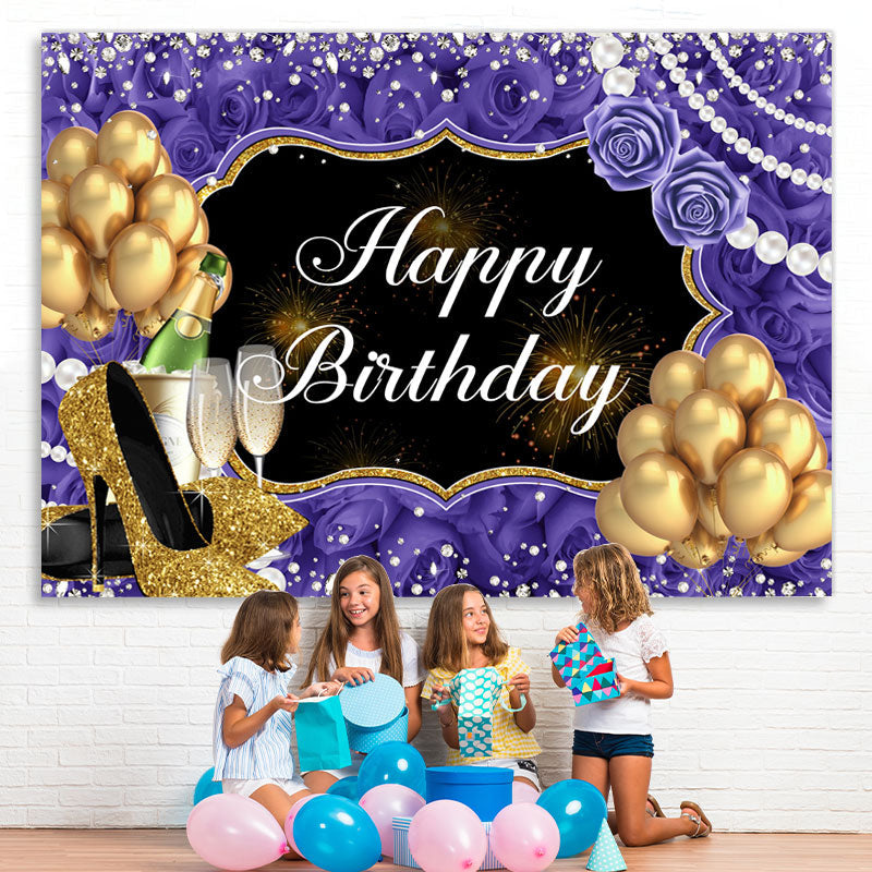 Lofaris Rose And Glitter Balloon Pearl Happy Birthday Backdrop