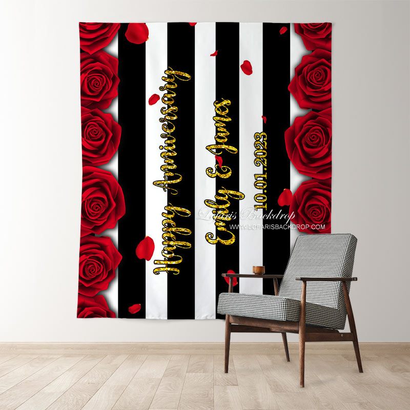 Lofaris Rose And White Black Line Happy Anniversary Backdrop
