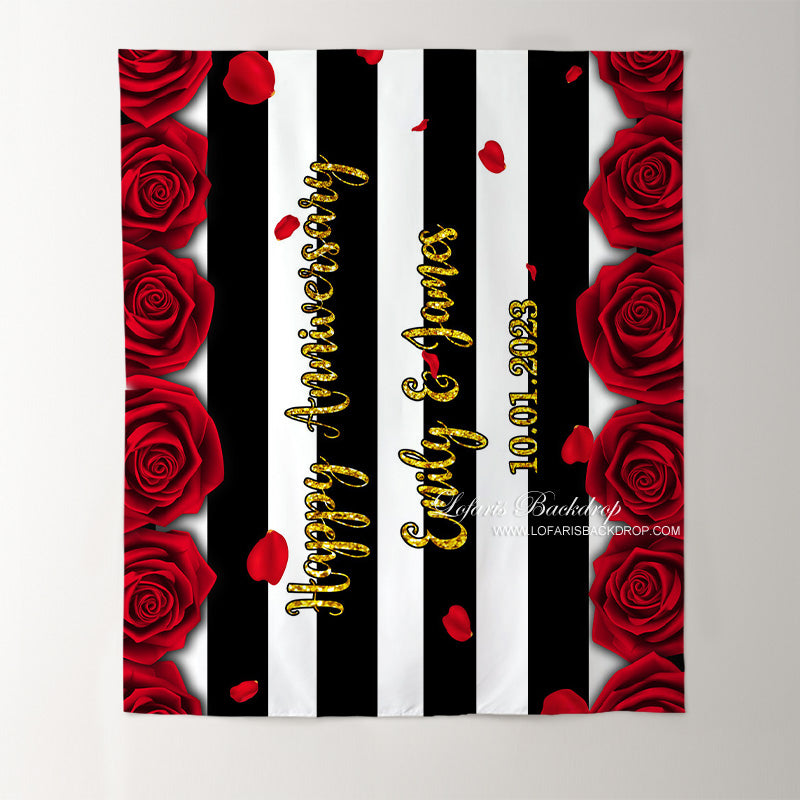 Lofaris Rose And White Black Line Happy Anniversary Backdrop