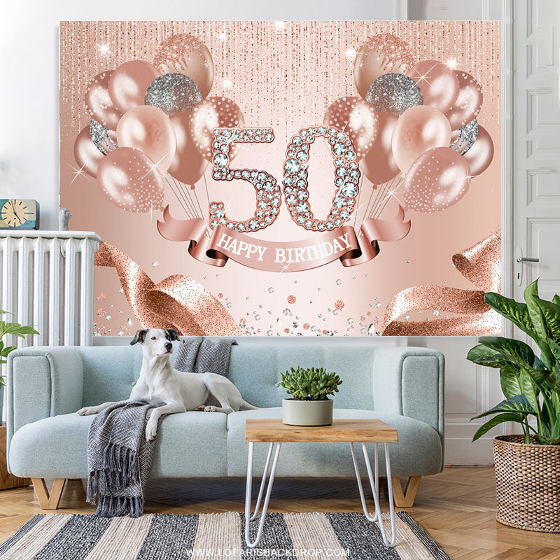 Lofaris Rose Gold Balloon Ribbion Happy 50Th Birthday Backdrop