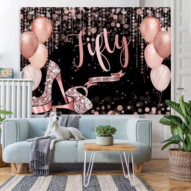 Lofaris Rose Gold Happy 50Th Birthday Balloon Glitter Backdrop