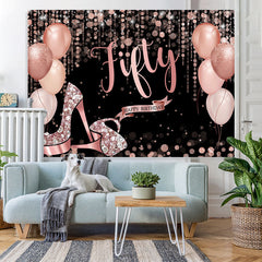 Lofaris Rose Gold Happy 50Th Birthday Balloon Glitter Backdrop