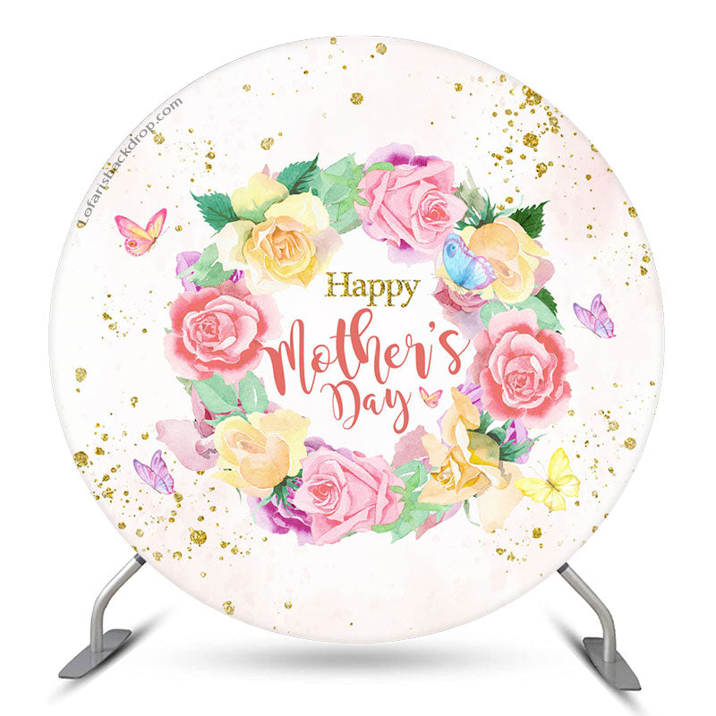 Lofaris Rose Wreath Gold Glitter Pink Round Mothers Day Backdrop