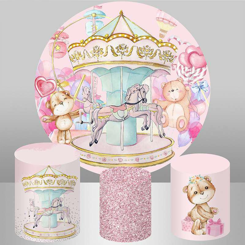 Lofaris Round And Pink Carousel With Teddy Birthday Backdrop