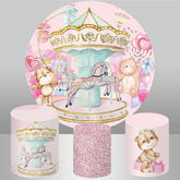 Lofaris Round And Pink Carousel With Teddy Birthday Backdrop