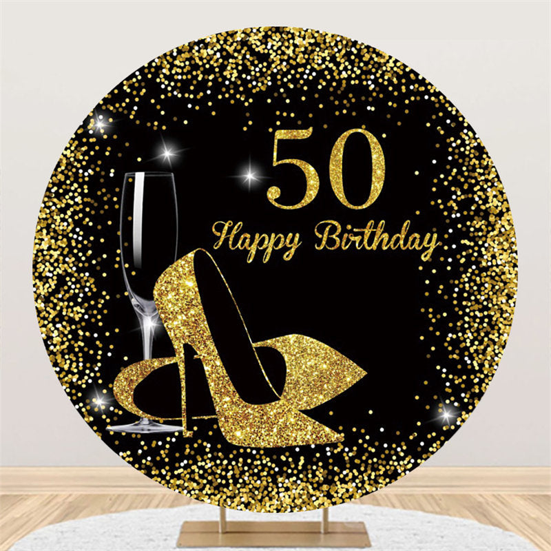 Lofaris Round Glitter Black Gold Happy 50Th Birthday Backdrop