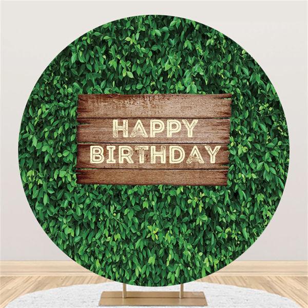 Lofaris Round Green Leaves Wooden Happy Birthday Backdrop