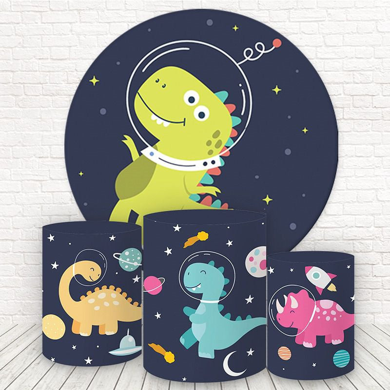 Lofaris Round Space Dinosaur Cartoon Birthday Backdrop Kit