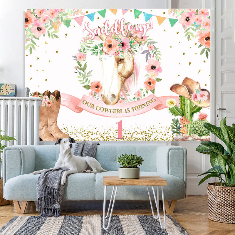 Lofaris Saddle Up Pink Floral And Horse First Birthday Backdrop