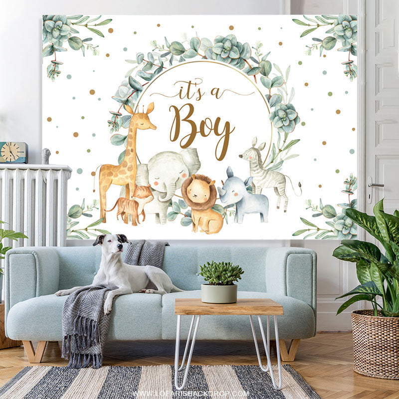 Lofaris Safaris Green Leaves Its A Boy Baby Shower Backdrop