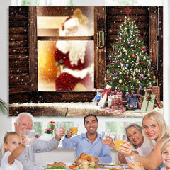 Lofaris Santa Claus And Christmas Tree Snowy Winter Backdrop