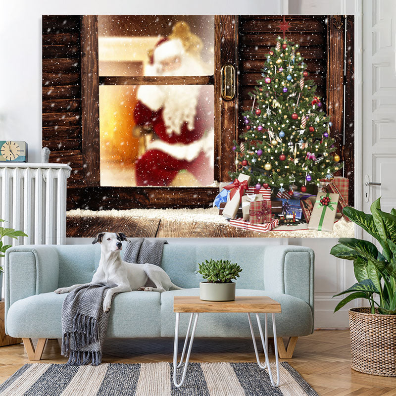 Lofaris Santa Claus And Christmas Tree Snowy Winter Backdrop