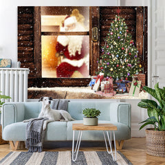 Lofaris Santa Claus And Christmas Tree Snowy Winter Backdrop