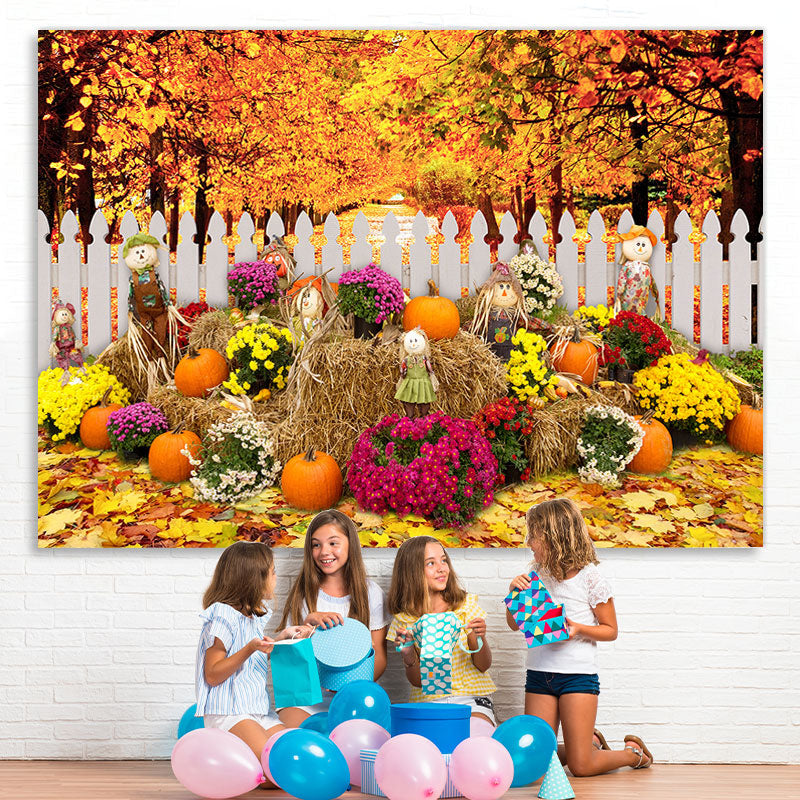 Lofaris Scarecrows and Pumpkin Flowers Maple Autumn Backdrop