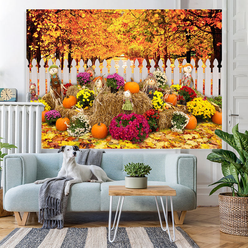 Lofaris Scarecrows and Pumpkin Flowers Maple Autumn Backdrop