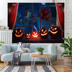 Lofaris Scary Pumpkin Window With Red Curtain Halloween Backdrop