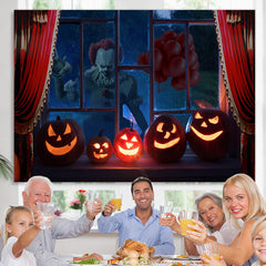 Lofaris Scary Pumpkin Window With Red Curtain Halloween Backdrop
