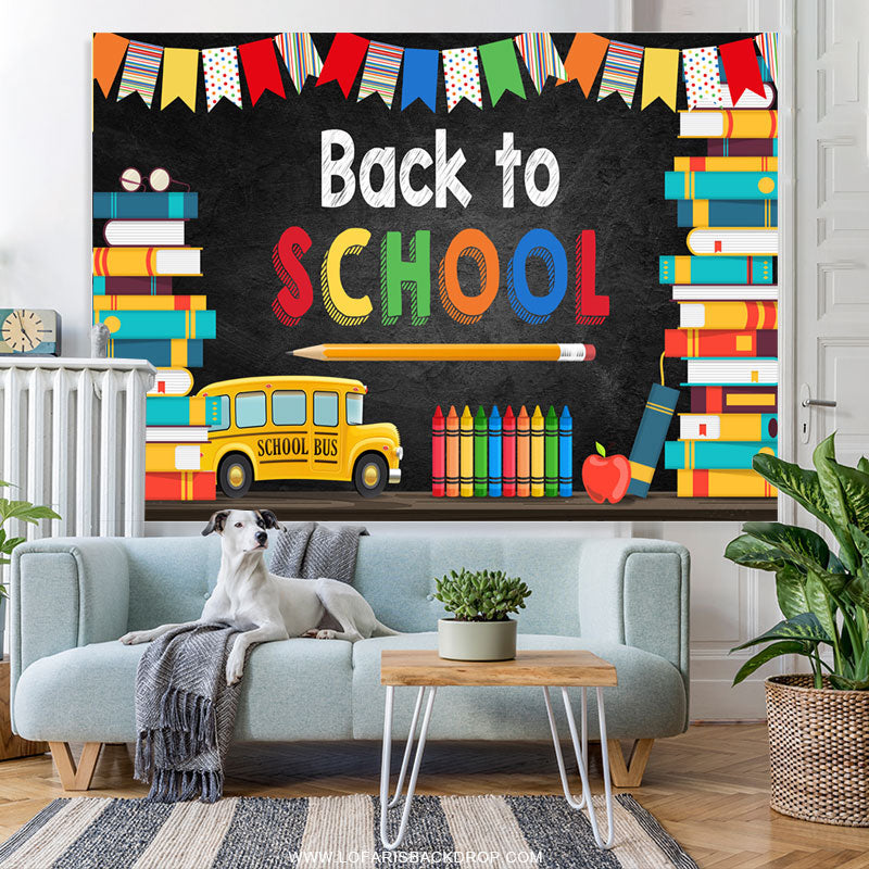 Lofaris School Bus And Colorful Flags Back To Backdrop