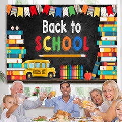 Lofaris School Bus And Colorful Flags Back To Backdrop