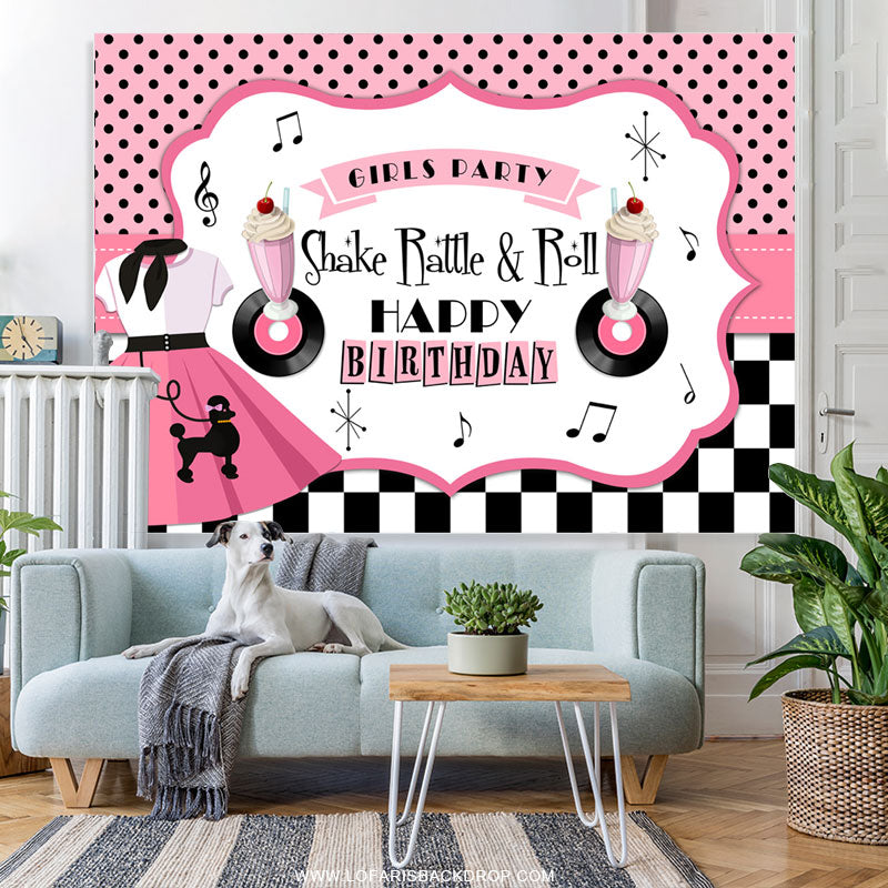 Lofaris Shake Rattle And Roll Pink Happy Birthday Backdrop