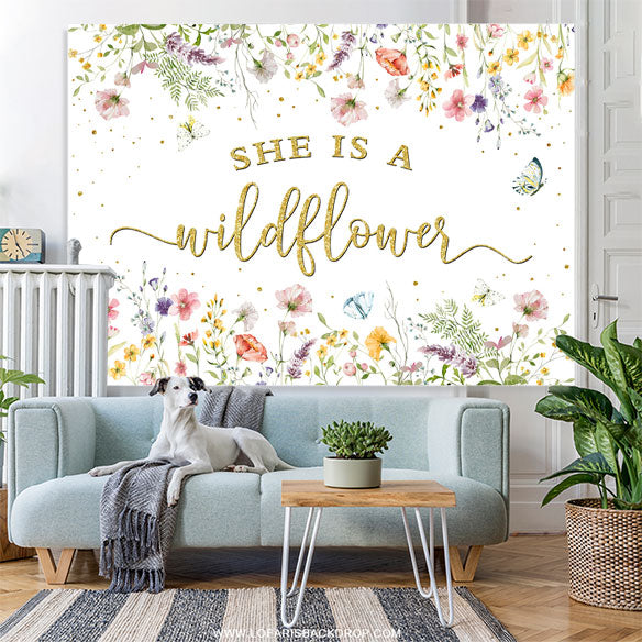 Lofaris She Is A Wildflower Floral White Baby Shower Backdrop