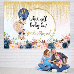 Lofaris She or He Golden Glitter Floral Baby Shower Backdrop