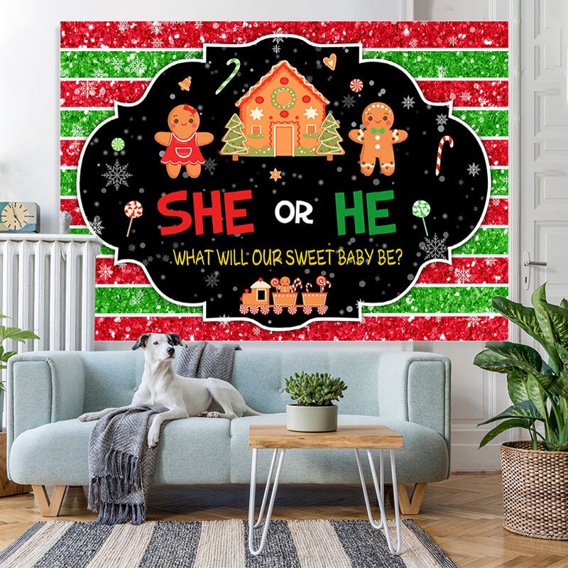 Lofaris She or He stripe Gingerbread Snow Baby Shower Backdrop