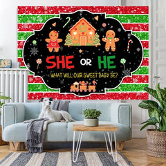 Lofaris She or He stripe Gingerbread Snow Baby Shower Backdrop