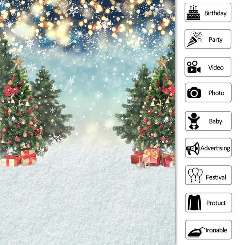 Lofaris Shiny Snow World with Christmas Tree and Gift Backdrop