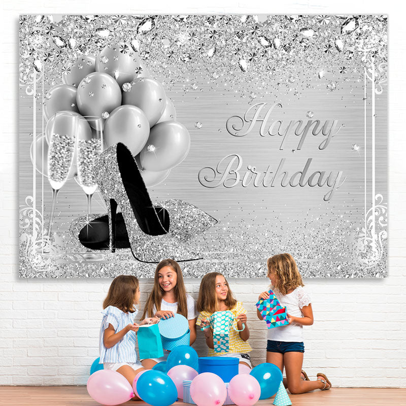 Lofaris Silver And Glitter Balloon Happy Birthday Backdrop