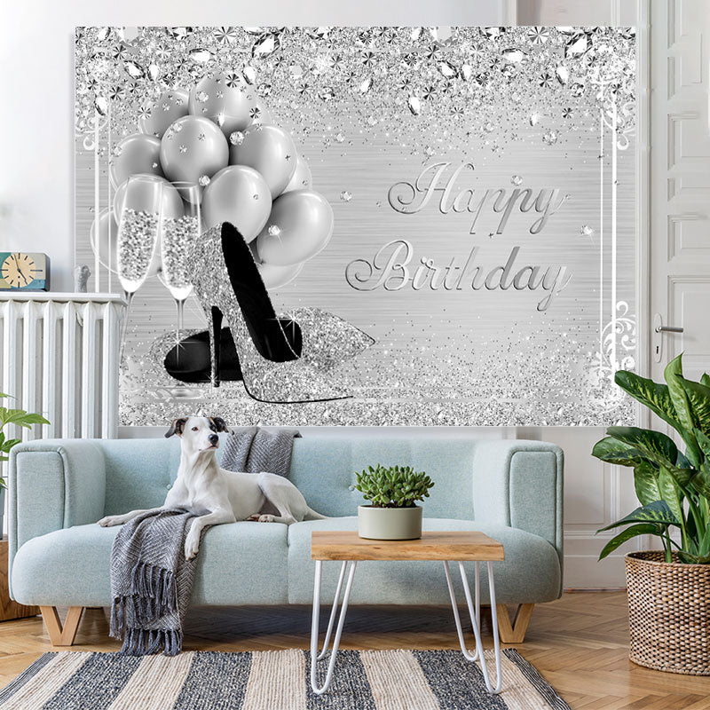 Lofaris Silver And Glitter Balloon Happy Birthday Backdrop