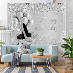 Lofaris Silver And Glitter Balloon Happy Birthday Backdrop