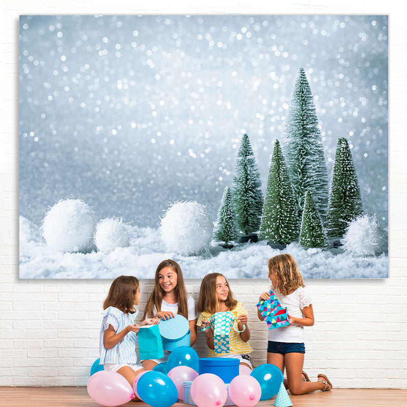 Lofaris Silver And White Snowball With Trees Christmas Backdrop