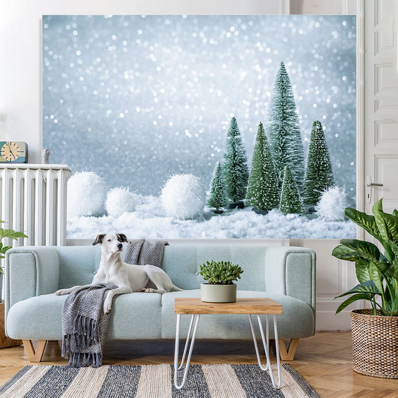 Lofaris Silver And White Snowball With Trees Christmas Backdrop