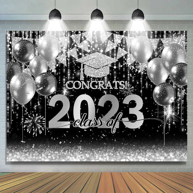 Lofaris Silver Balloon Flag Congrats Class Of 2023 Backdrop