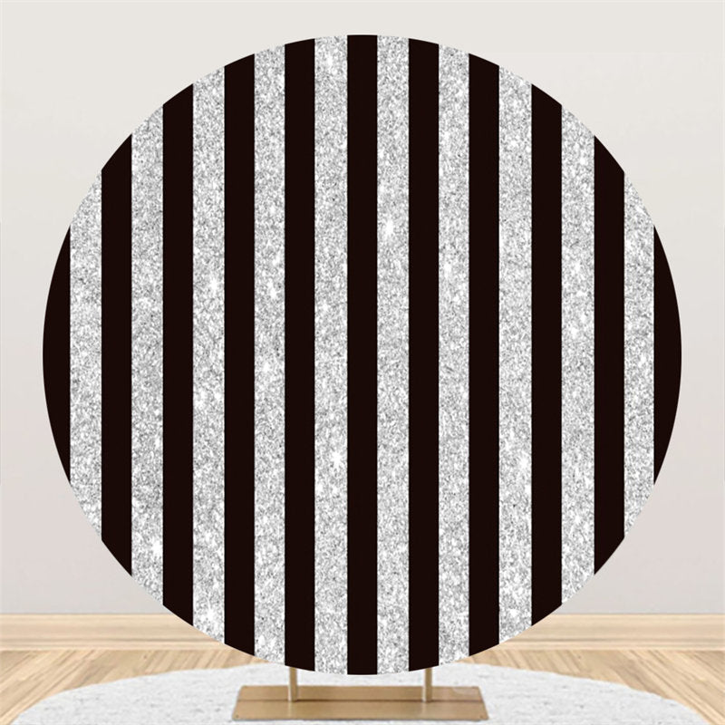 Lofaris Silver Black Stripe Theme Happy Birthday Round Backdrop