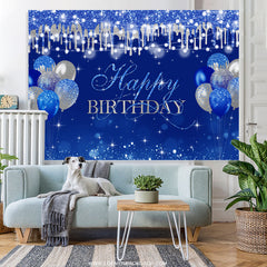 Lofaris Silver Glitter Navy Blue Balloon Happy Birthday Backdrop
