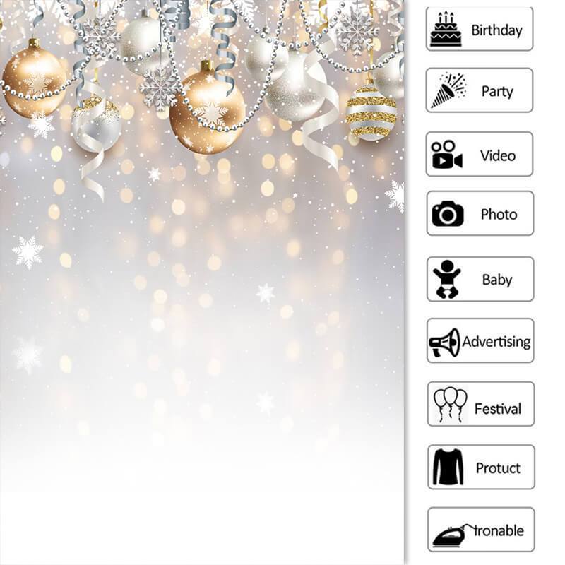 Lofaris Silver Ribbon Gold Ball Christmas Bokeh Backdrop