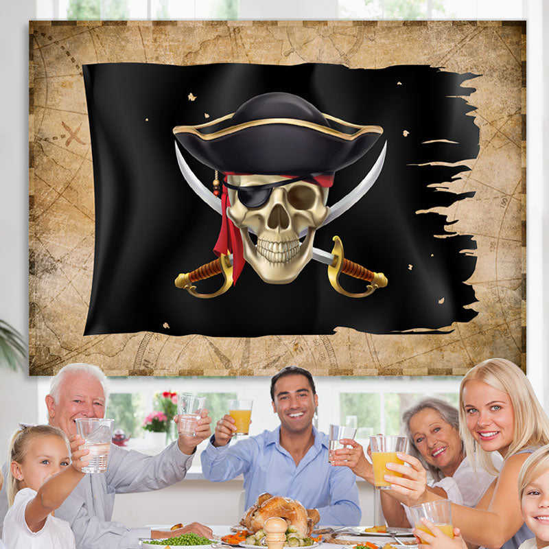 Lofaris Simple Black Pirate Ship Birthday Party Backdrop for Men