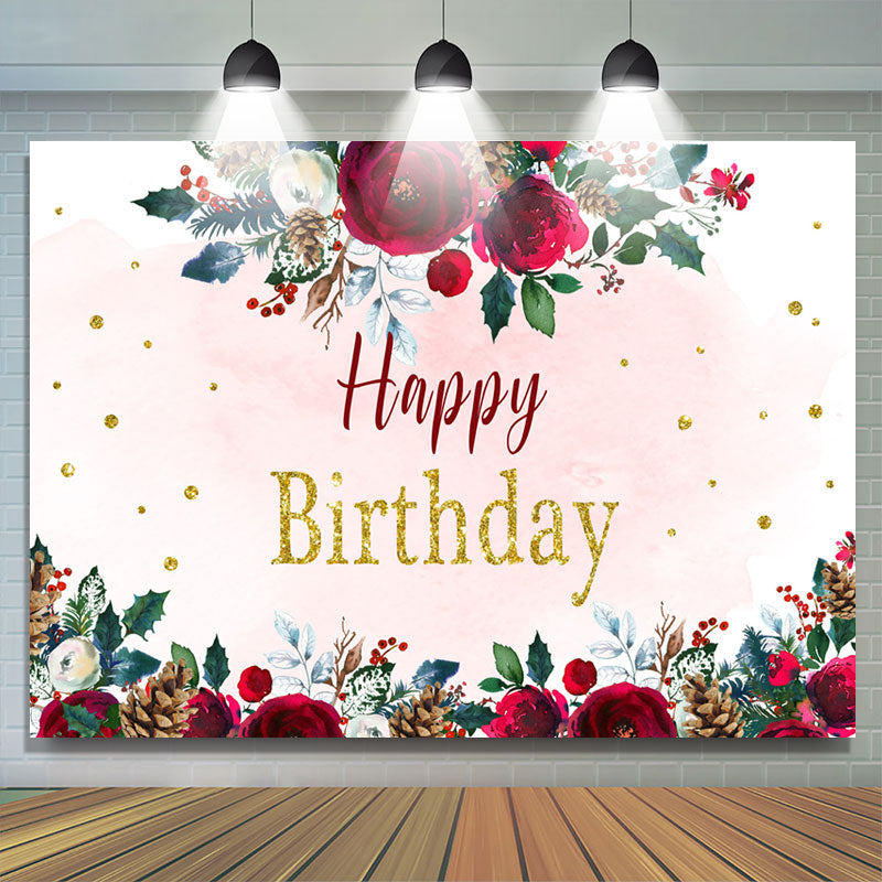 Lofaris Simple Floral Winter Theme Happy Birthday Backdrop