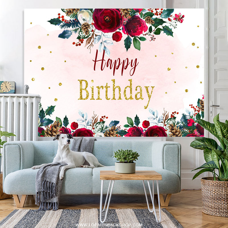 Lofaris Simple Floral Winter Theme Happy Birthday Backdrop