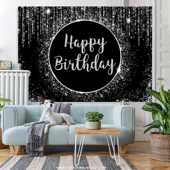 Lofaris Simple Glitter Black And White Happy Birthday Backdrop