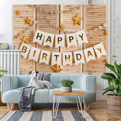 Lofaris Simple Happy Birthday Flag Stars Wooden Party Backdrop